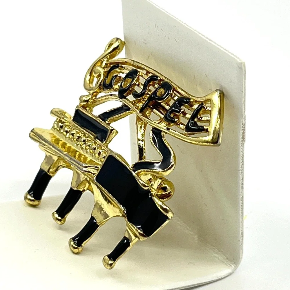 Vintage Gold Tone Gospel Piano Music Brooch Pin Retro Black Enamel Classic